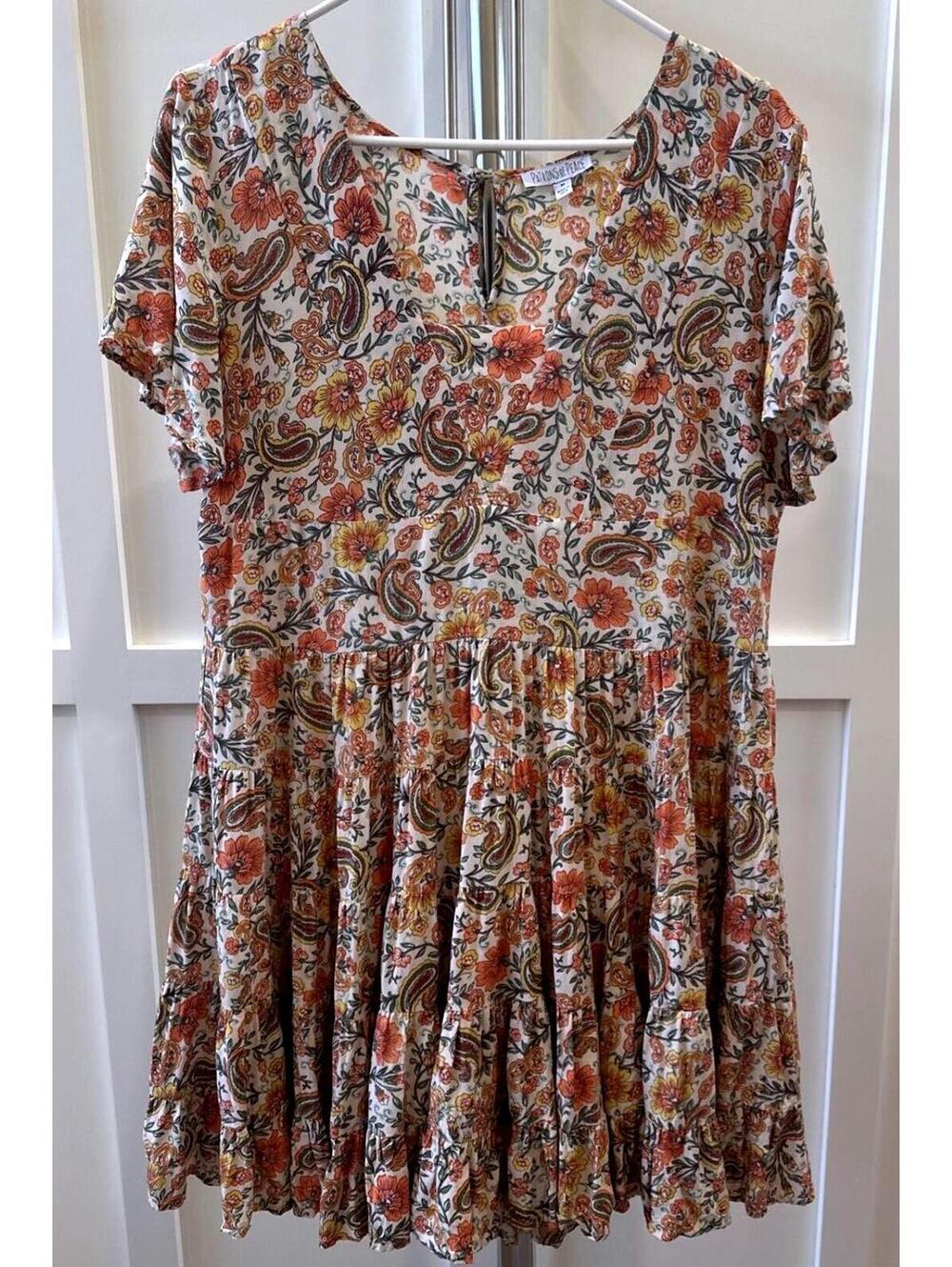 Patrons of Peace Cottagecore Boho Floral Paisley Tiered Swing Mini Dress sz M